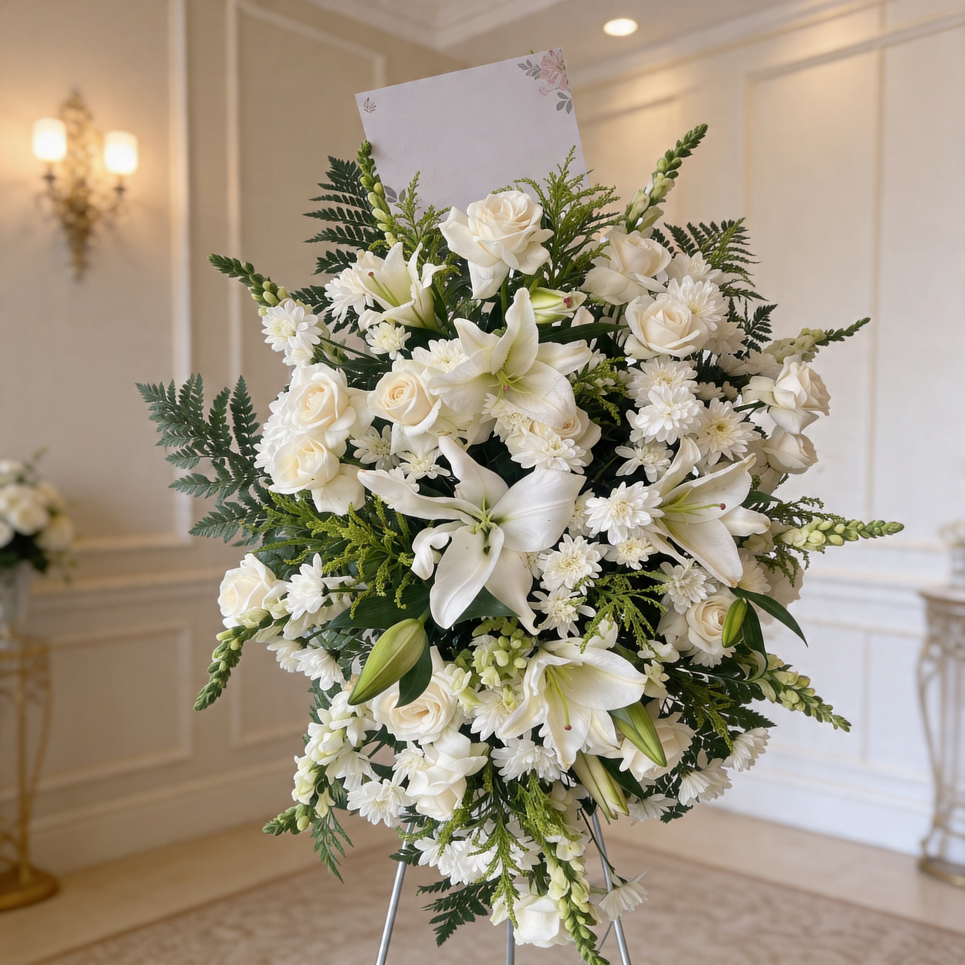 Elegant sympathy bouquet with white and soft colored flowers